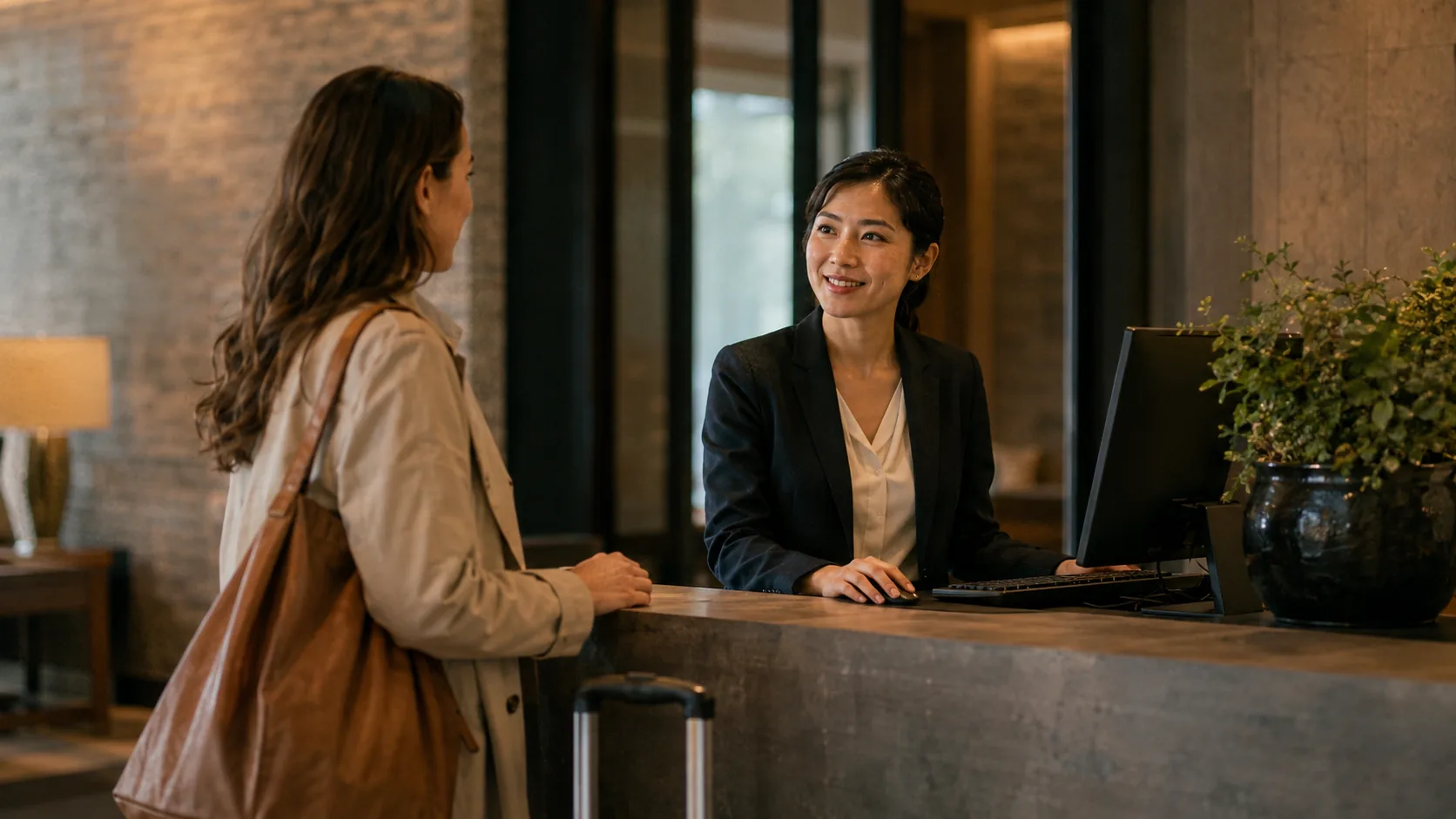 A hotel front-desk manager helping a guest at reception.